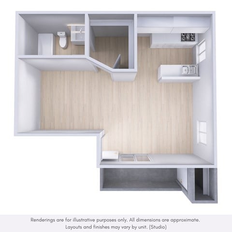Floor plan for studio, 1 bath, 534 sqft